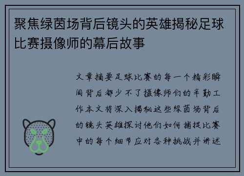 聚焦绿茵场背后镜头的英雄揭秘足球比赛摄像师的幕后故事