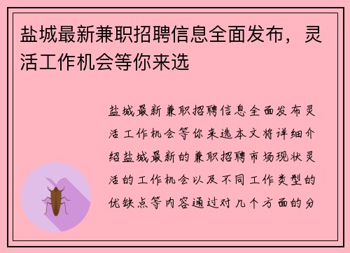 盐城最新兼职招聘信息全面发布，灵活工作机会等你来选