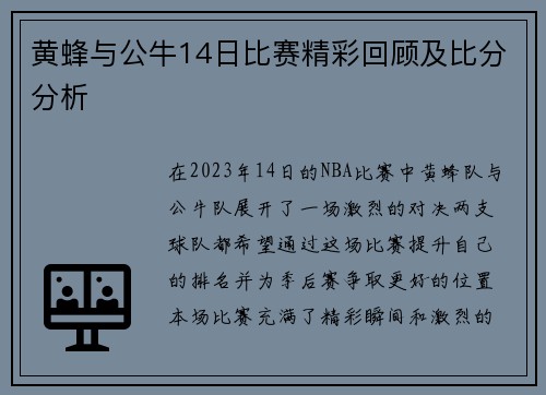 黄蜂与公牛14日比赛精彩回顾及比分分析